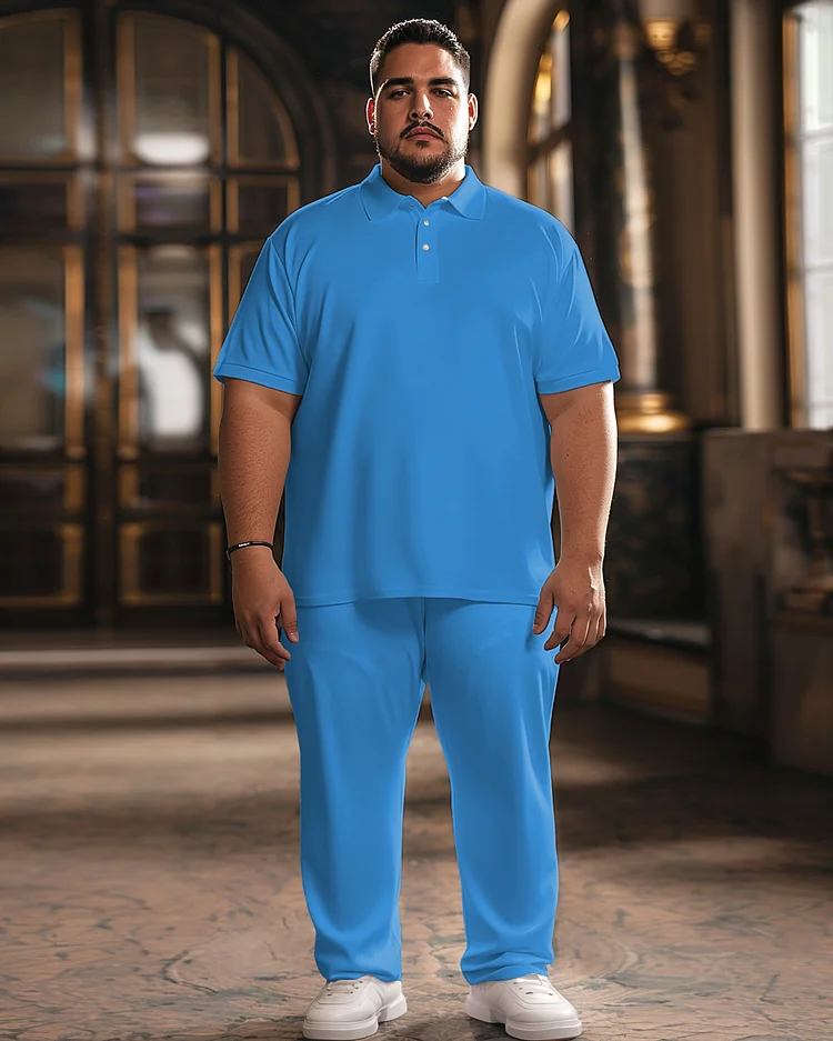 Men's Plus Size Pure Blue Polo Shirt Trousers Suit