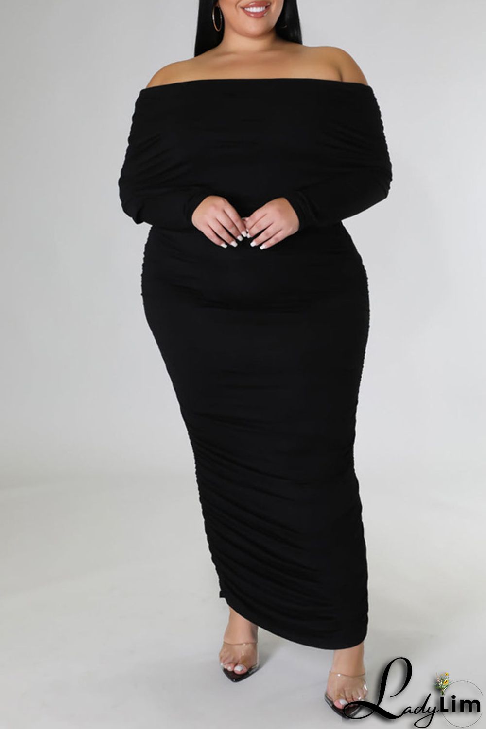 Rose Red Sexy Solid Patchwork Fold Off the Shoulder Pencil Skirt Plus Size Dresses