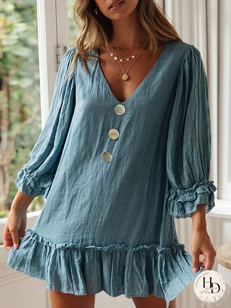Dresses V Neck Button Long Sleeve Ruffle Dress for Women