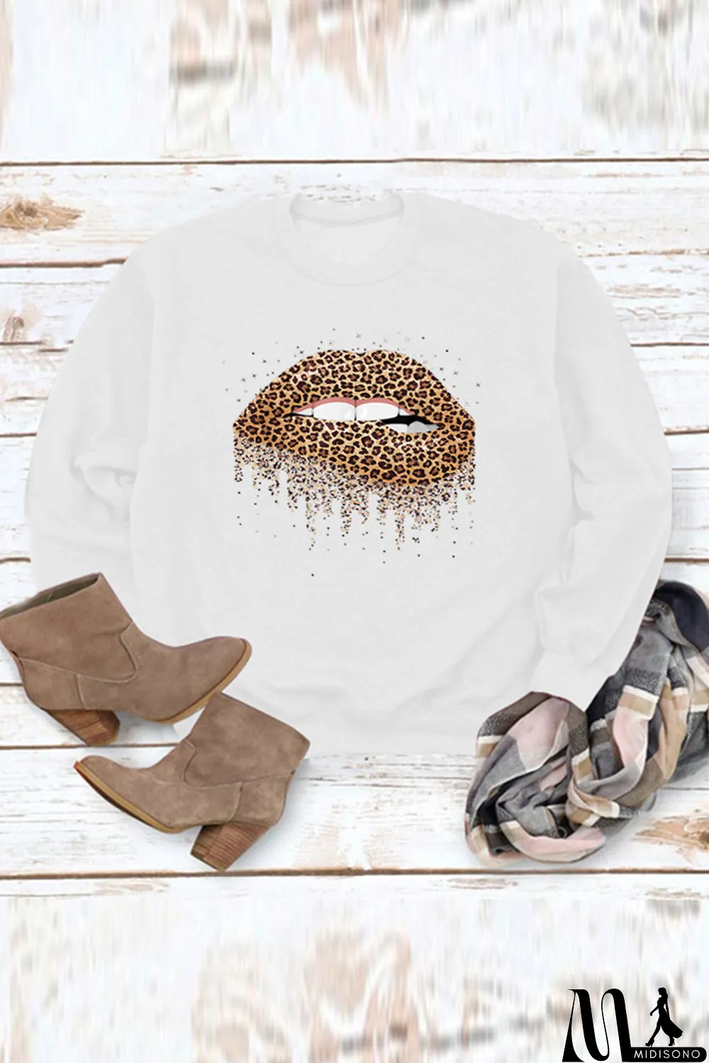 MidiSono - White Crew Neck Leopard Lips Graphic Sweatshirt