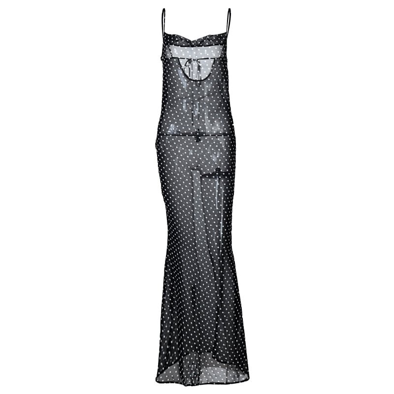 Hawthaw Women Autumn Summer Polka Dot Backless Sleeveless See Through Black Long Dress Sundress 2021 Fall Clothes Streetwear