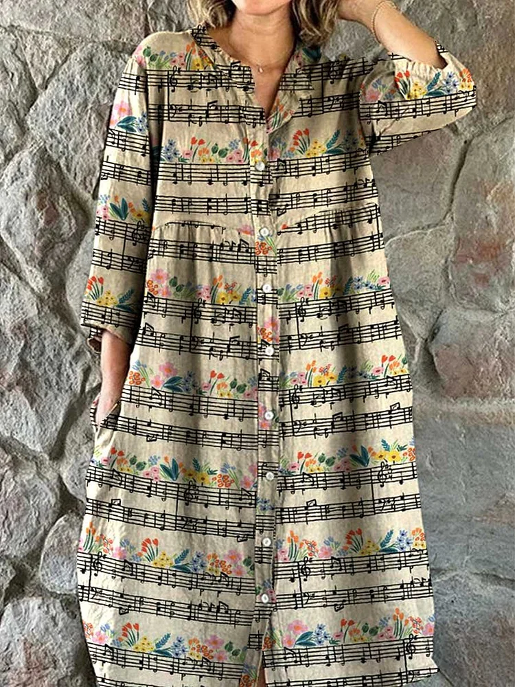 Women's Staff Floral Pattern Shirt Cotton And Linen Dress With Pockets