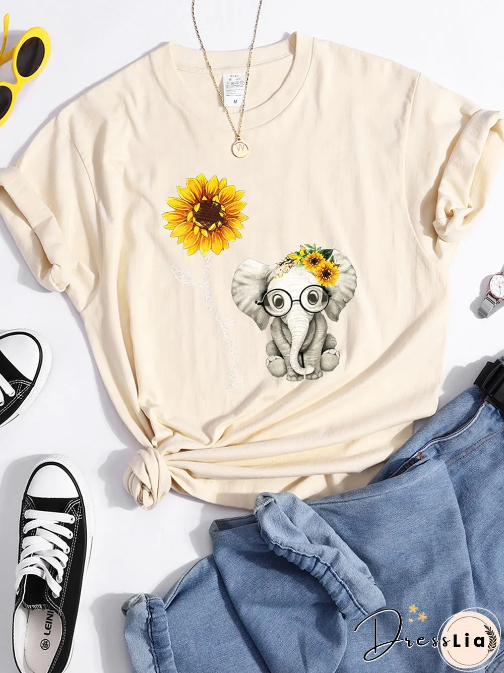 Sunflower Elephant Gift Friend Female T Shirt Cool Fashion Street Tshirt Breathable Personality Clothes Casual Summer Crop Top