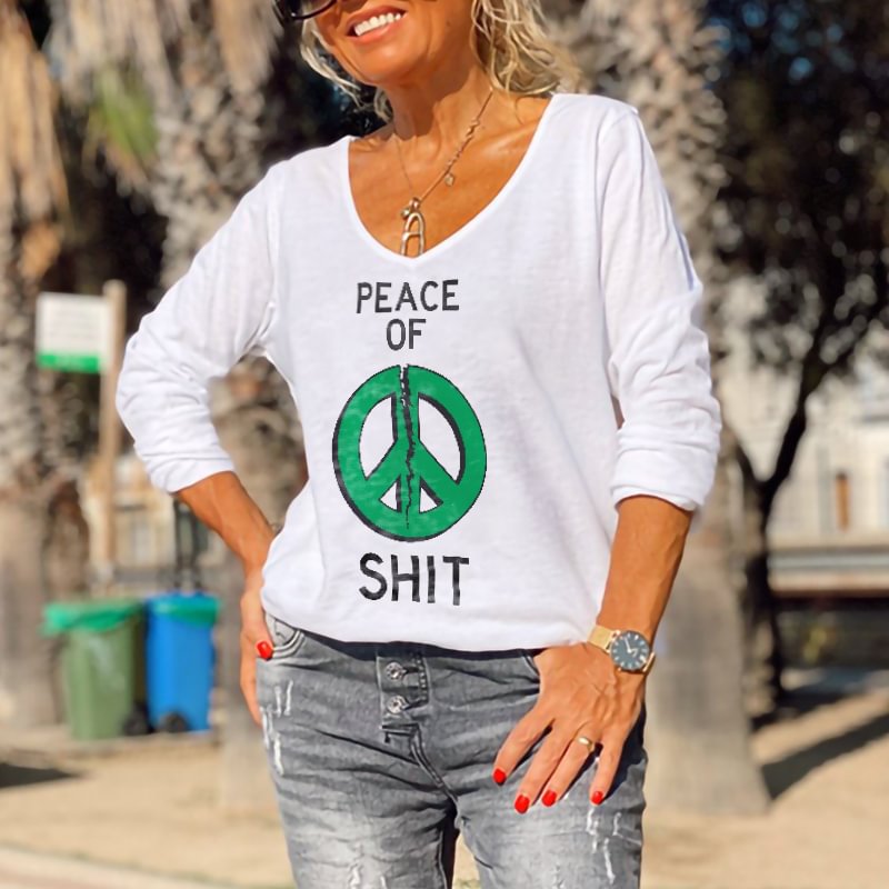 Broken Peace Symbol Print V-neck Long-sleeve T-shirt