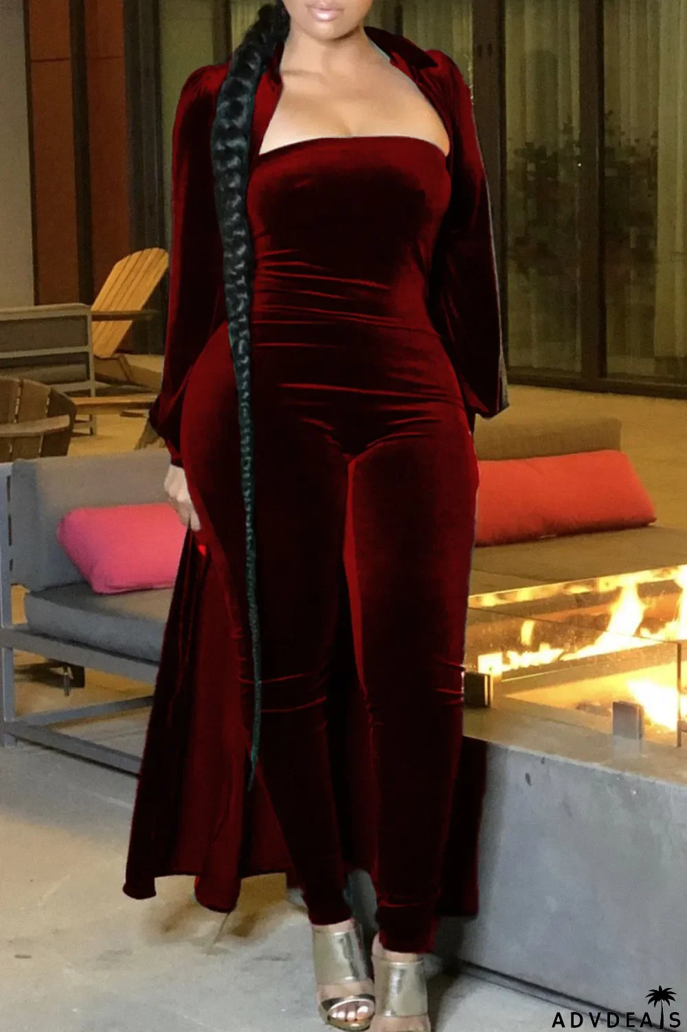 Red Casual Solid Peter Pan Collar Long Sleeve Two Pieces