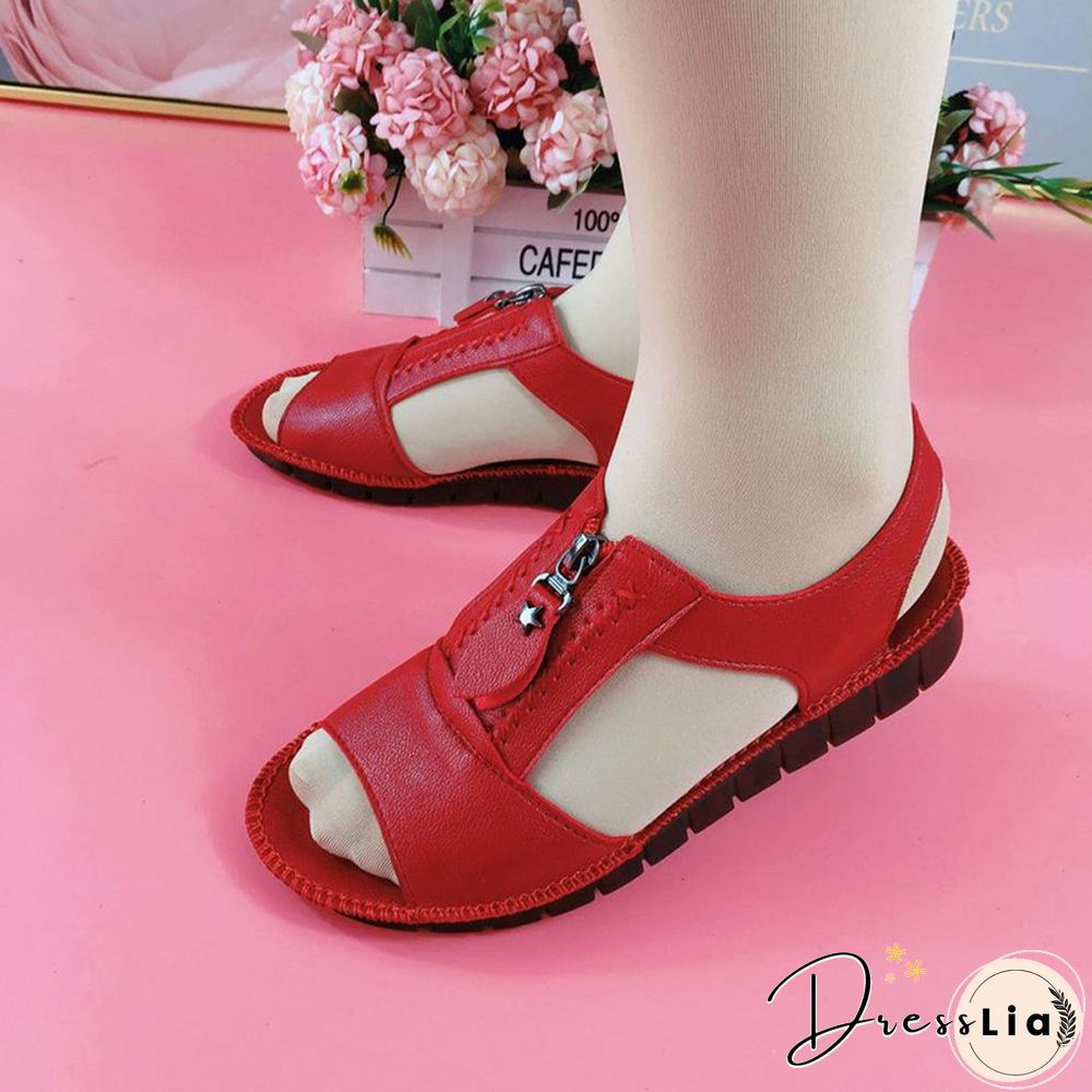Women Sandals Zipper Flat Soft Pu Leather Sole Comfy Sandalias Summer Casual Mother Shoes Solid Color Plus Size Chaussure Femme