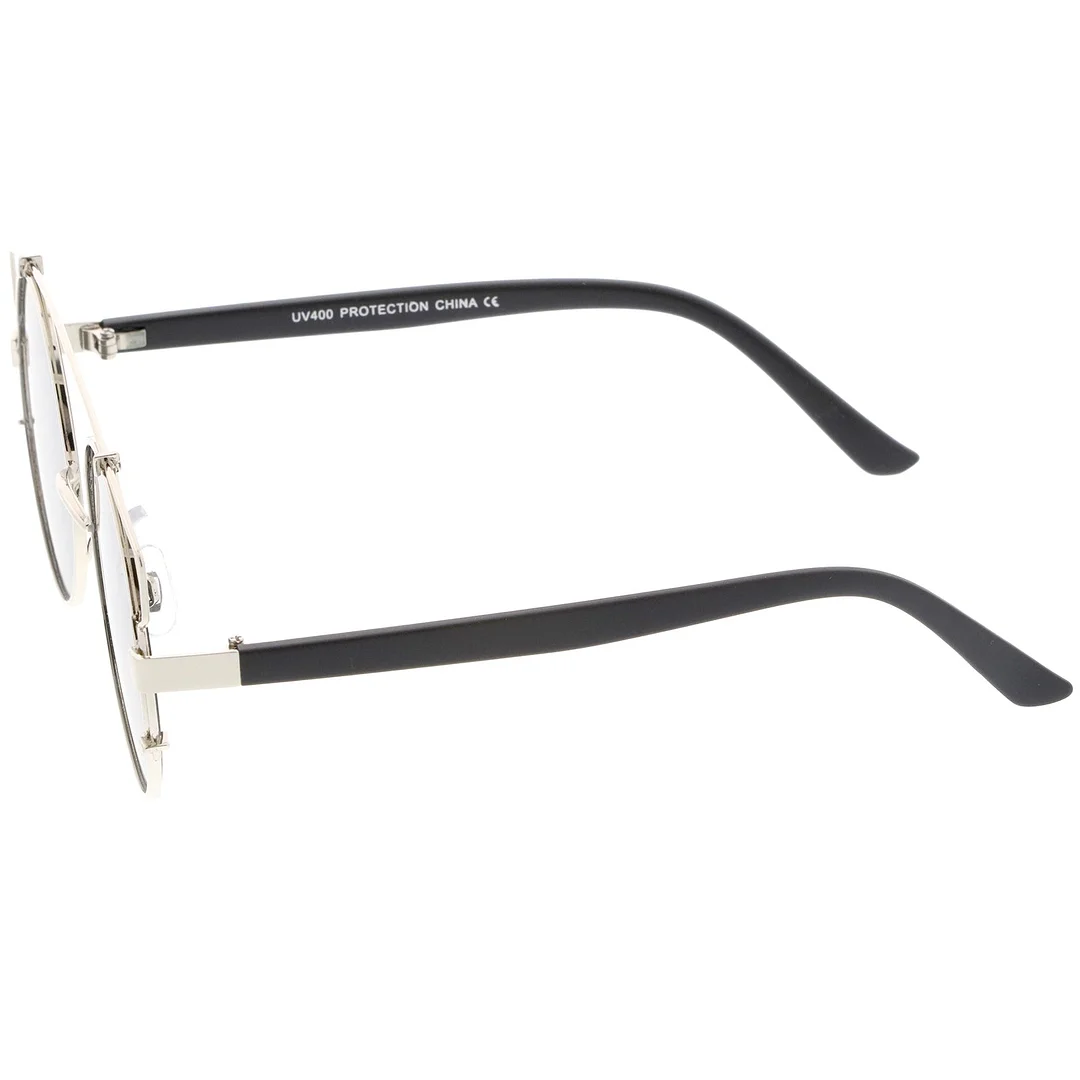 Midsize Metal Frame Horn Rimmed Crossbar Mirror Flat Lens Round glasses 53mm