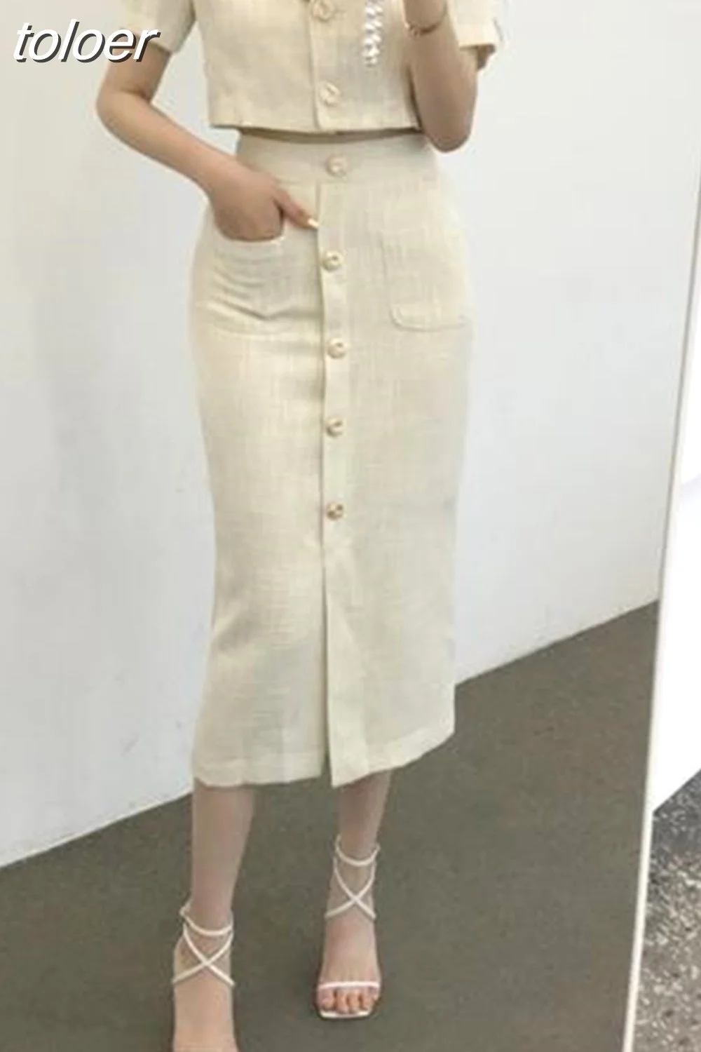 toloer Korea Elegant Lapel Thin Tweed Small Suit Short Jacket + High Waist Chic Button Slim Womens Two Piece Skirt Sets Summer