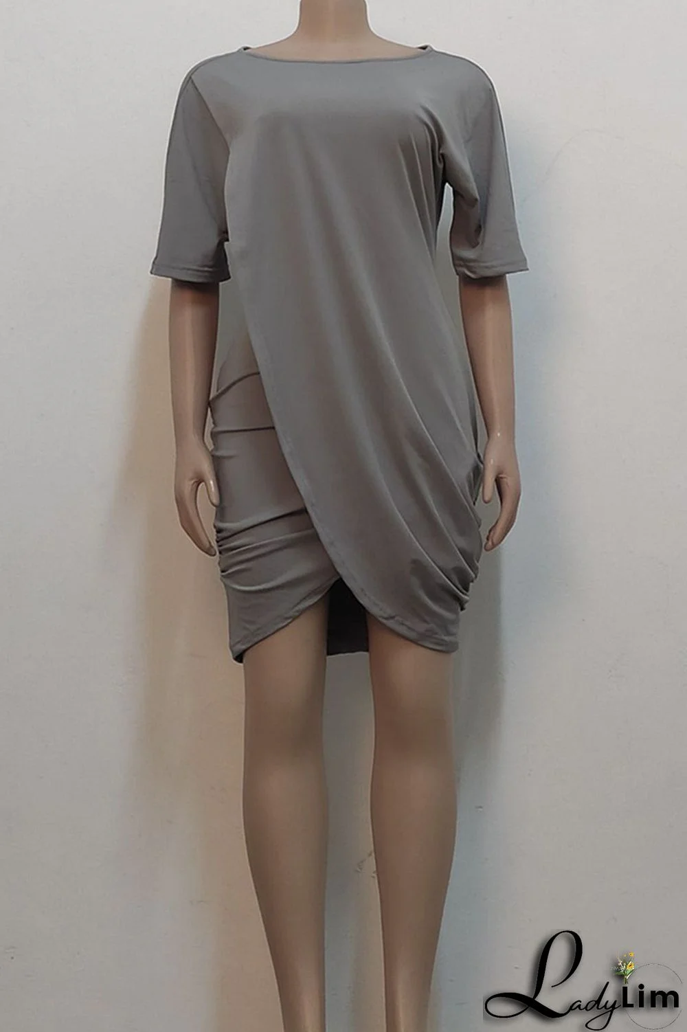 Black Casual Solid Split Joint Asymmetrical O Neck One Step Skirt Dresses