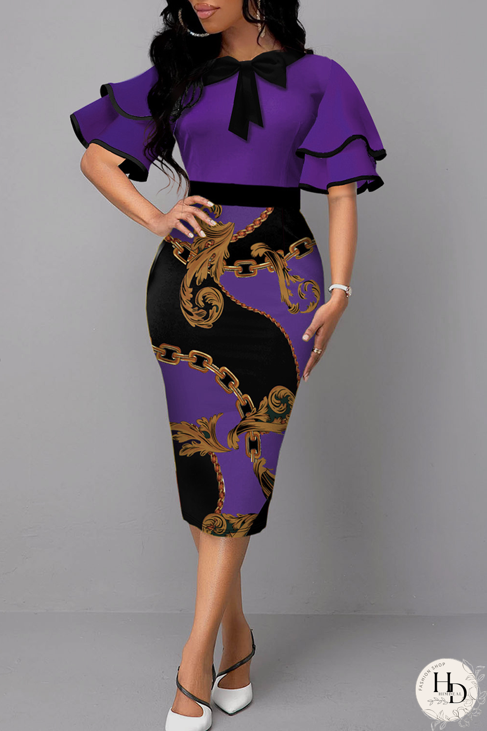 Purple Vintage Print Flounce O Neck Pencil Skirt Dresses