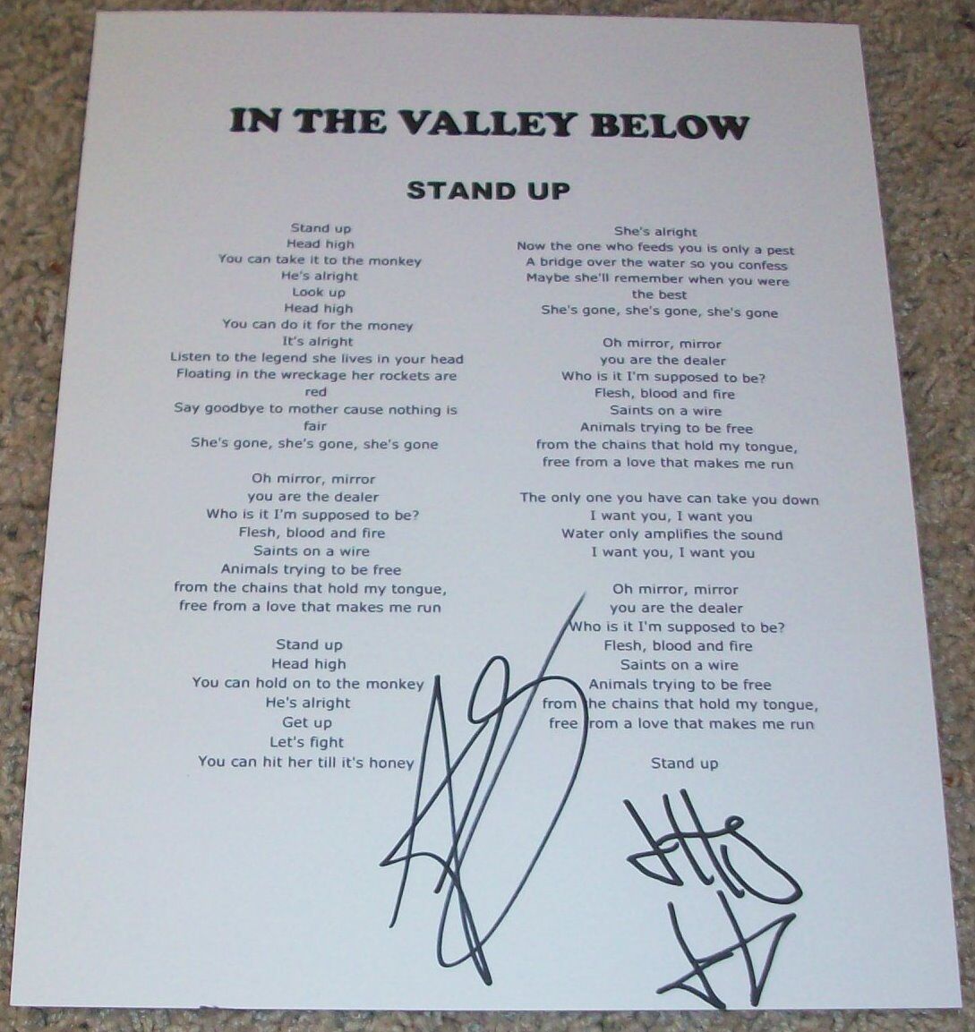 IN THE VALLEY BELOW BAND SIGNED AUTOGRAPH STAND UP LYRICS SHEET w/PROOF