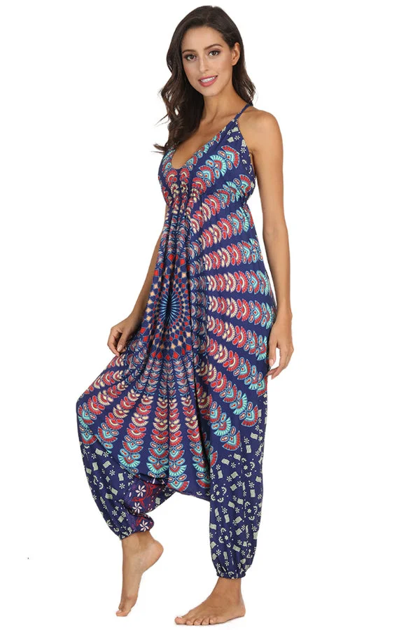 Sexy Print Split Joint Backless Halter Loose Jumpsuits