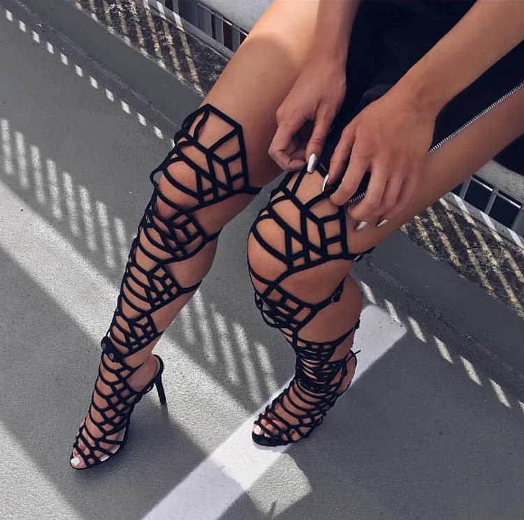 Black Gladiator Heels Strappy Over the knee Stiletto Heels Sandals