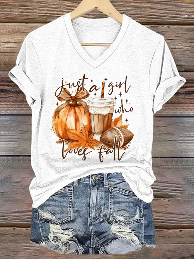 Women's Just A Girl Who Loves Fall Print V-Neck T-Shirt