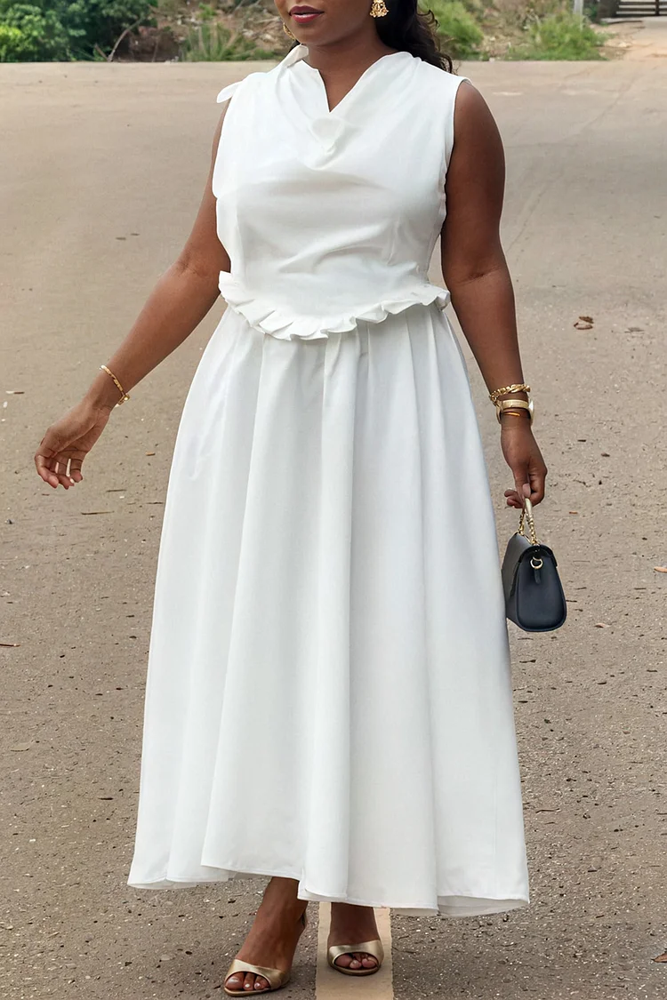 Plus Size Wedding White Cowl Neck Pleated Elegant Maxi Dresses [Pre-Order]