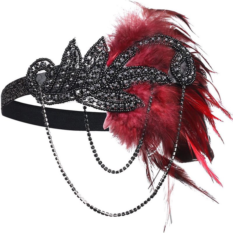 1920s Flapper Black Red Pearl Feather Headwear Set