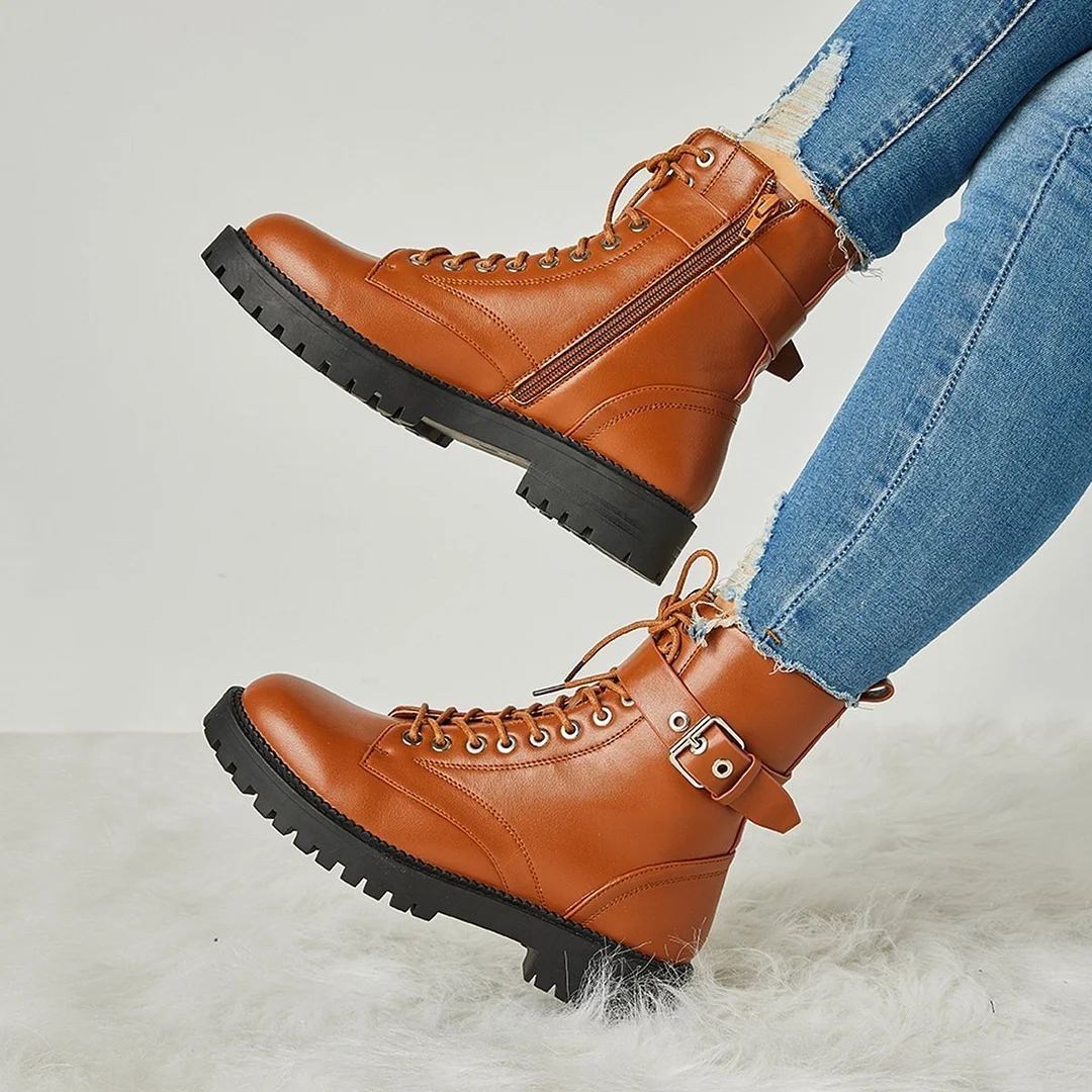 Women's Fashion Buckle Combat Leather Boots