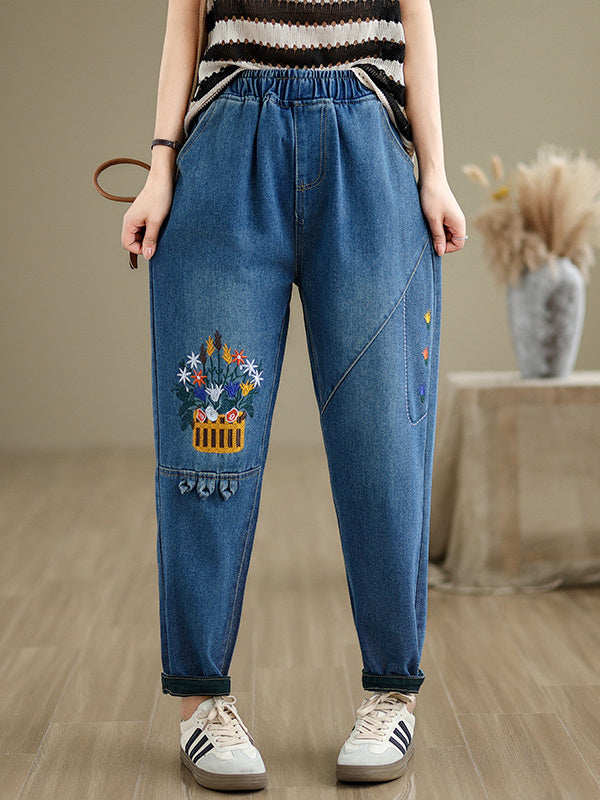 Women's loose Casual Vintage Patch Embroidered Oversized Jeans Pants
