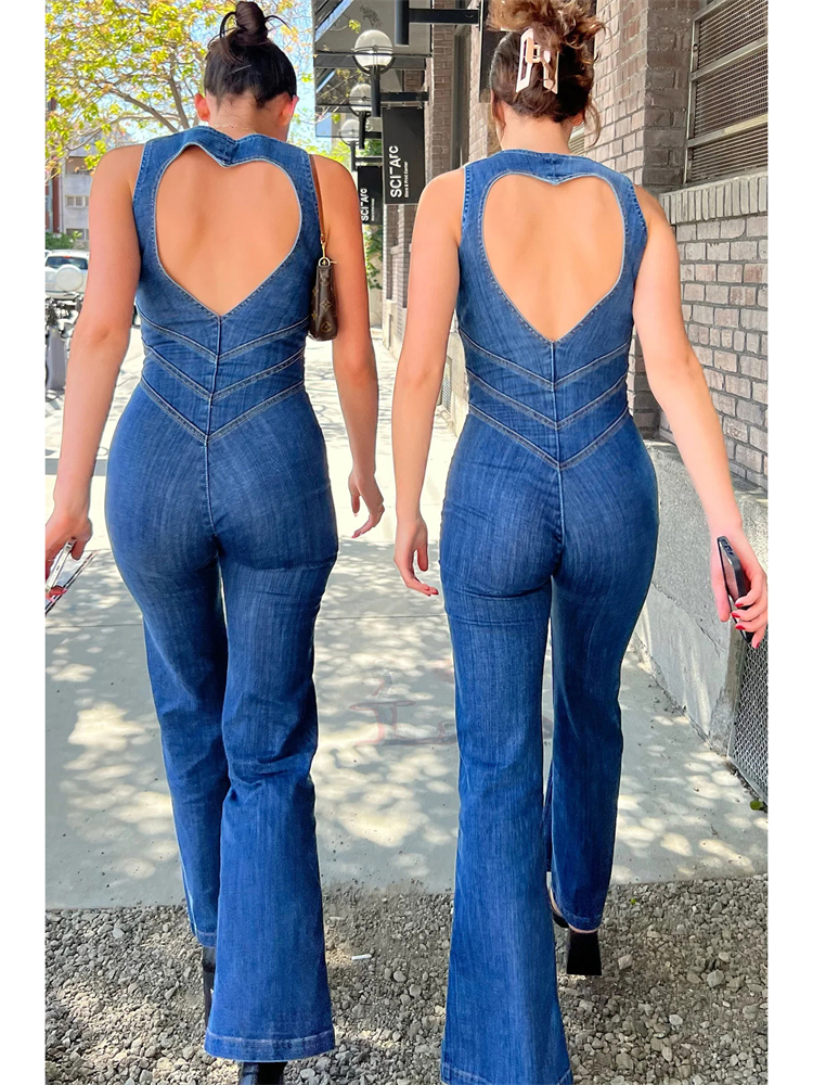 Ootddress Denim Backless Sleeveless Jumpsuits Female Hollow Out Slim Fashion Heart Cutout Y2k Bodycon Jeans High Street Jumpsuits