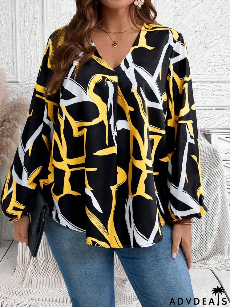 Plus Size Women's Asymmetrical Line Print V-Neck Lantern Sleeve Loose Casual Long Sleeve Blouse, Fall Clothes
