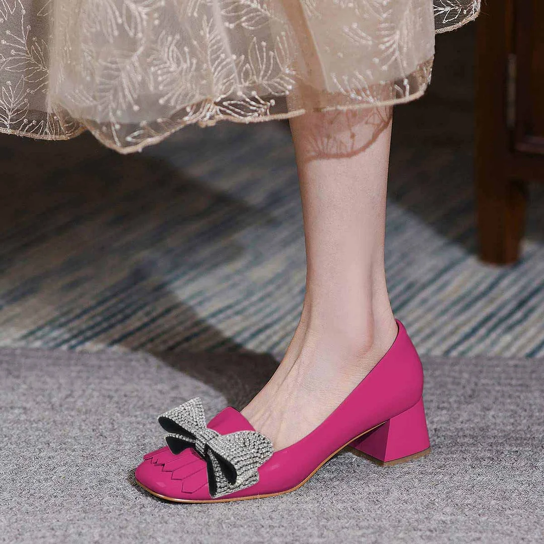Hot Pink Rhinestone Bow Heels Square Toe Pumps Shoes with Fringe