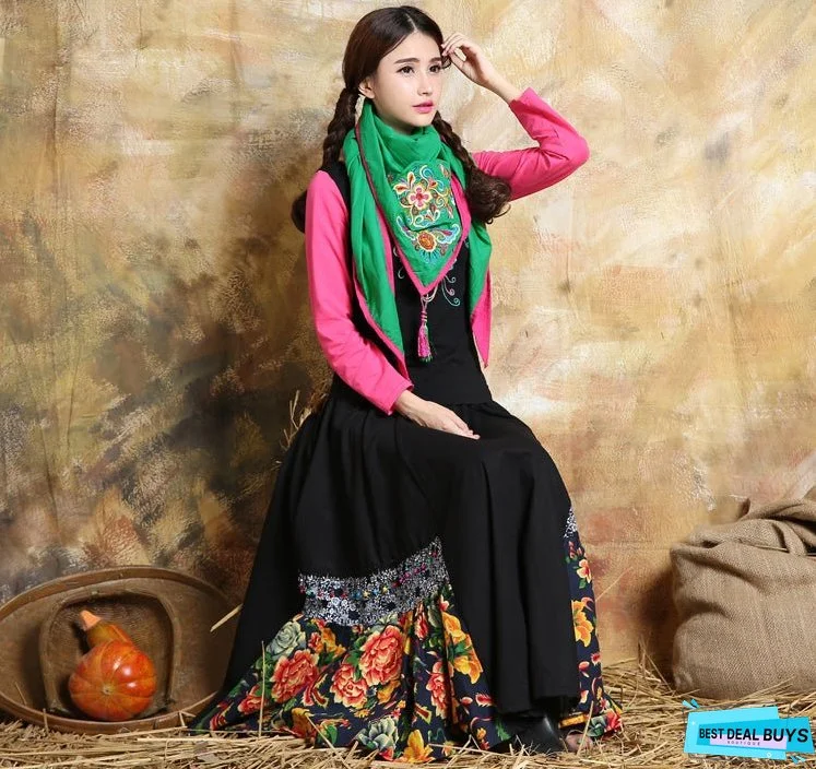 Cotton and linen necklaces in autumn and winter, retro Tibetan style, ethnic style, women's clothing, embroidered flowers, winter Scarf, shawls