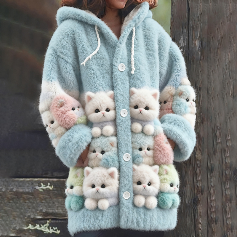 Cute Colorful Cat Art Plush Hooded Cardigan elevenforest
