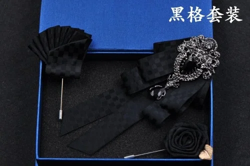 High-quality Fashion Handmade Red Diamond Bow Tie Wedding Collar Bowtie Brooch Pocket Towel Square Set Gifts for Men Accessories