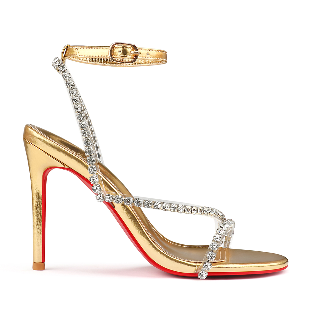 100mm Women's Sandals Round Open Toe Red Bottom Rhinestones Spotlight Wavy Straps Ankle Straps Sandals -MERUMOTE