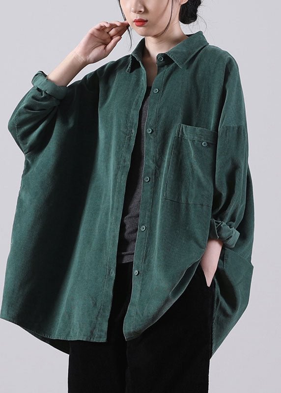 French Tea Green Peter Pan Collar Pockets Button Fall Top Long Sleeve CK1988- Fabulory