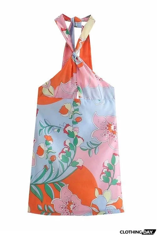 Print Halter Neck Backless Mini Dress