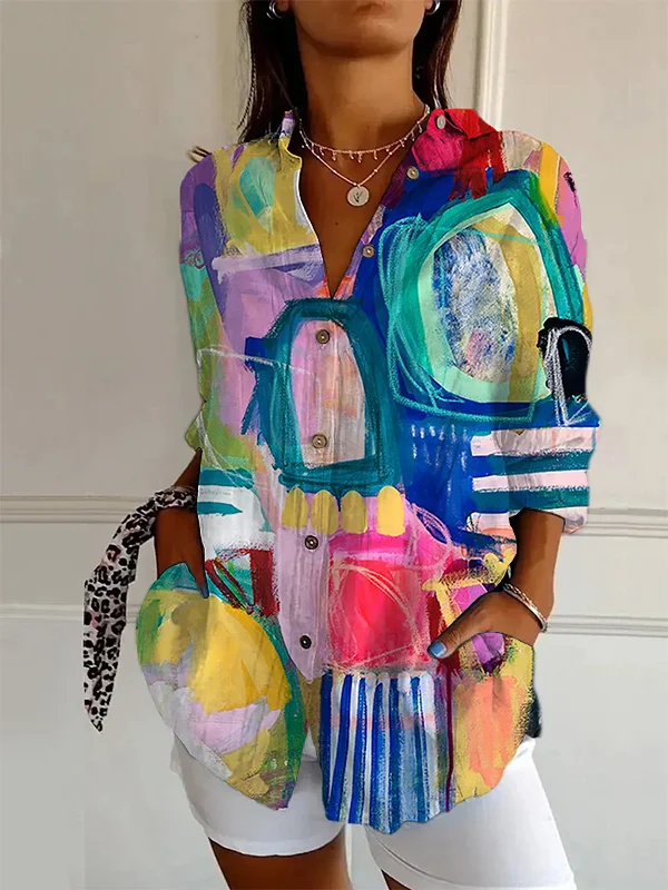 Women's Multicolor Abstract Modern Art Print Long Sleeve Shirt