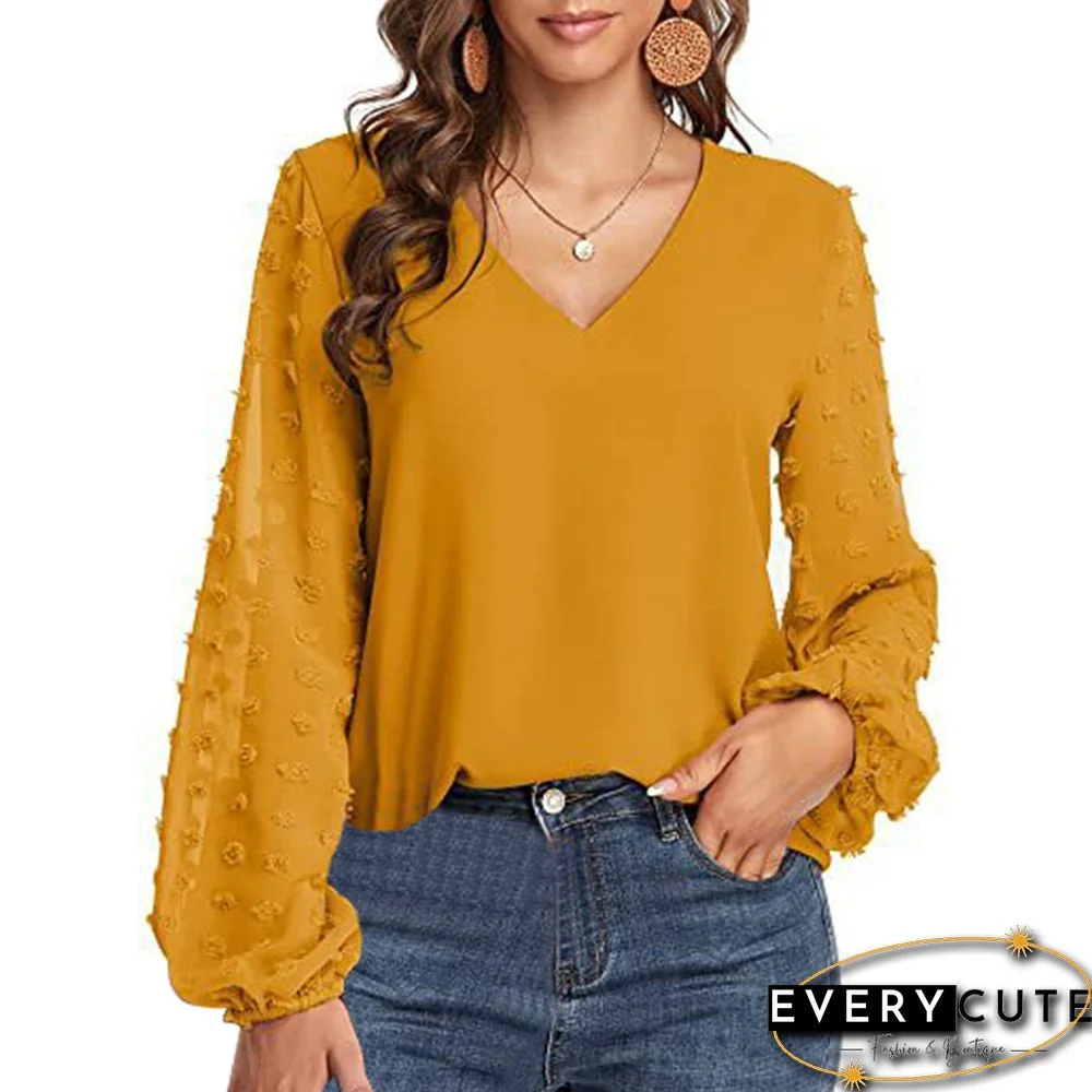 Yellow V Neck Splicing Swiss Dot Long Sleeve Blouse