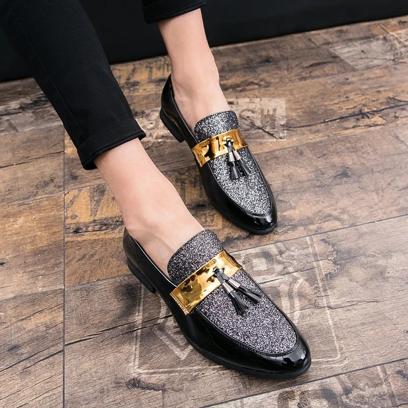 Men Party Flats Black Golden Formal Patchwork Tassel Leather Casuals Shoe Handmade Wedding Men Loafers Moccasins Dress Shoes