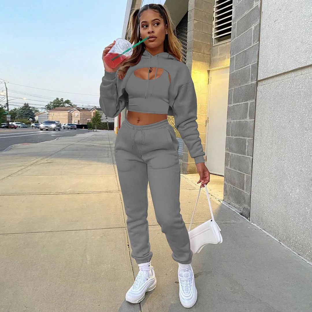 Womens Fashion Fleece Drawstring Solid Hoodies Long sleeve Pant Tank Top Three Piece