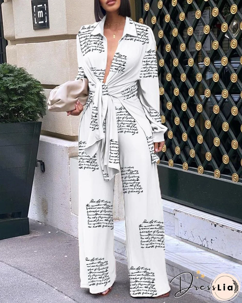 Letter Print Tie Front Top & Wide Leg Pants Set