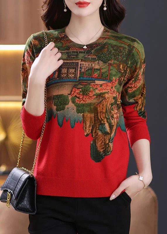 New Red Print Zircon Patchwork Knit Top Spring
