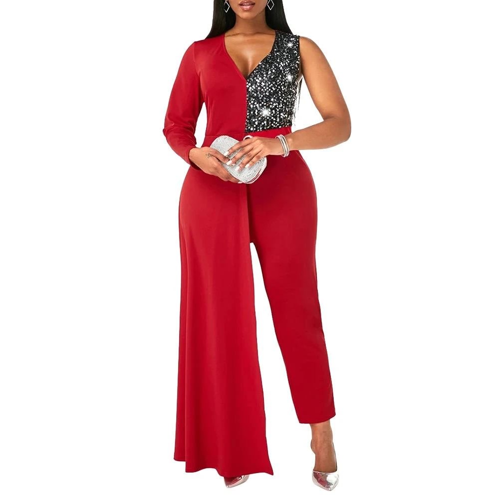 Fashion sequin V-neck jumpsuit-zachics