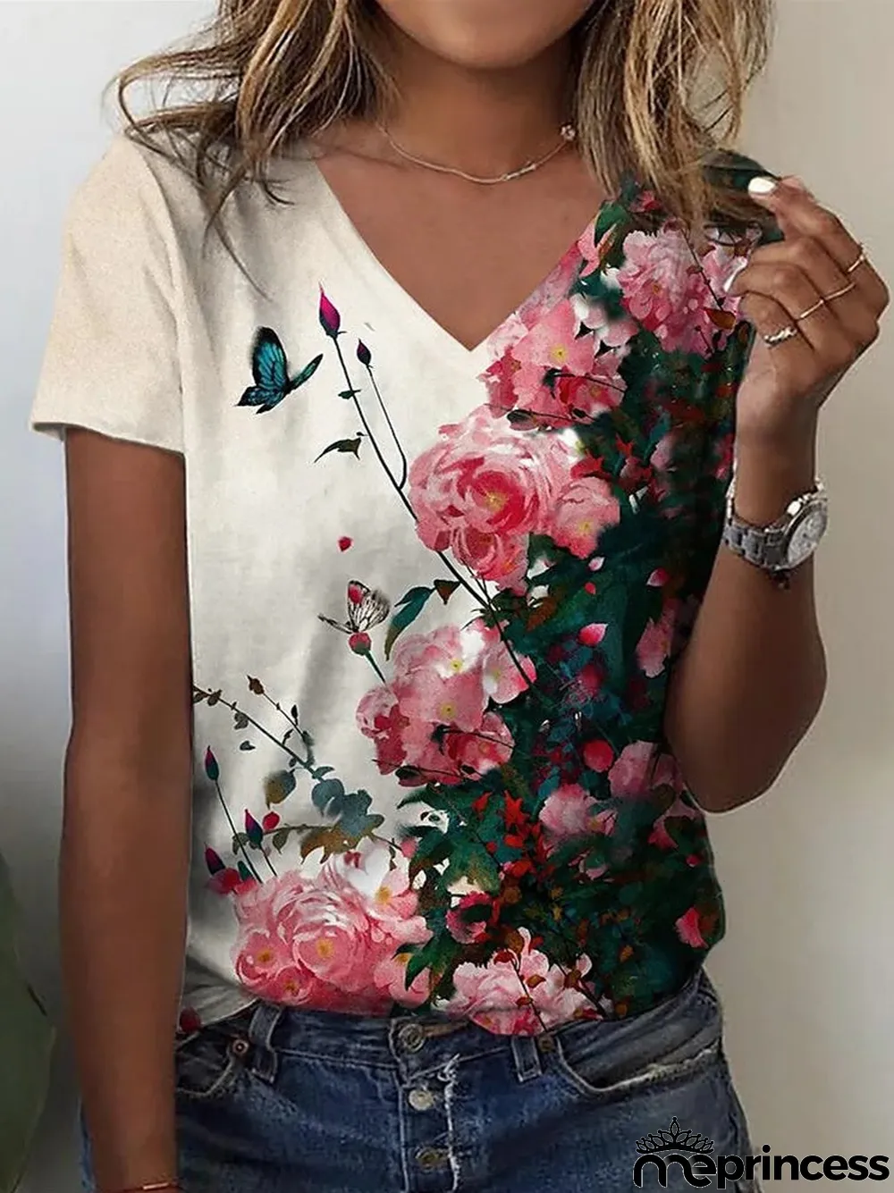 Women's Floral Printed Short Sleeve V-neck Top