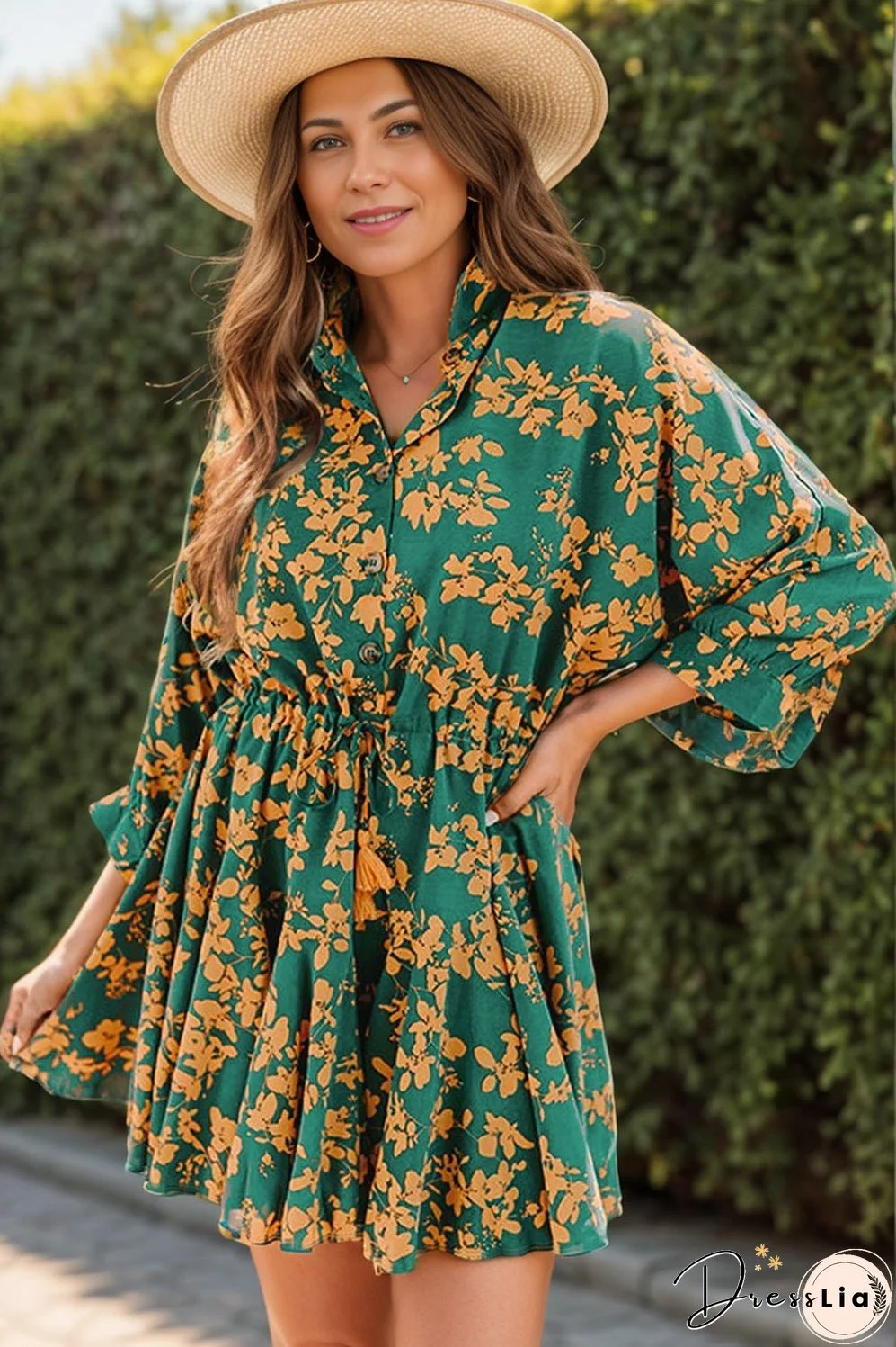 Printed Three-Quarter Sleeve Mini Dress
