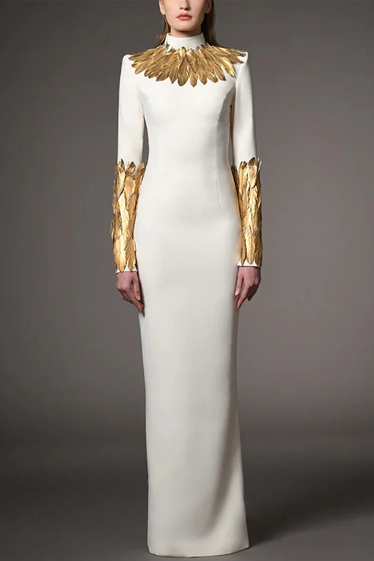 Golden Feather Decorated Maxi Dress-White