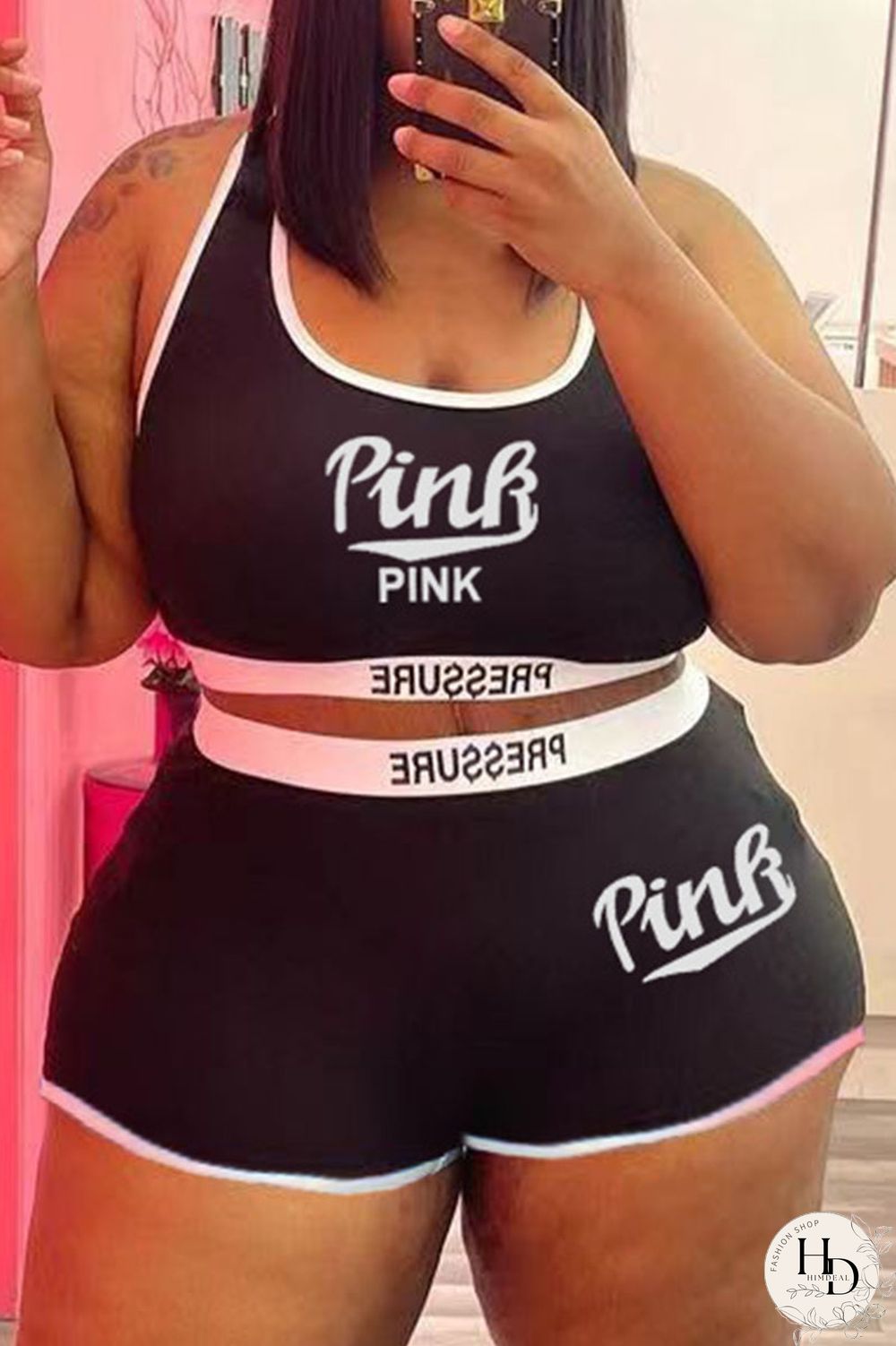 Blue Casual Letter Print Patchwork Spaghetti Strap Plus Size Two Pieces