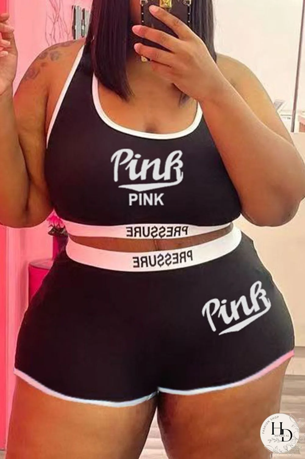 Blue Casual Letter Print Patchwork Spaghetti Strap Plus Size Two Pieces