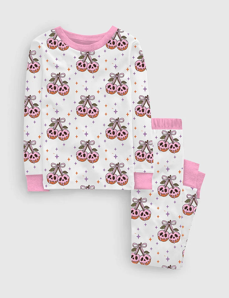Kid's Halloween Retro Spooky season Cherry Bow Spooky Witchy Skeleton Print Long Sleeve Pajama Set