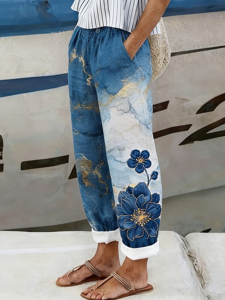 Blue Flower Art Abstract Marble Texture Linen Pants wearshes