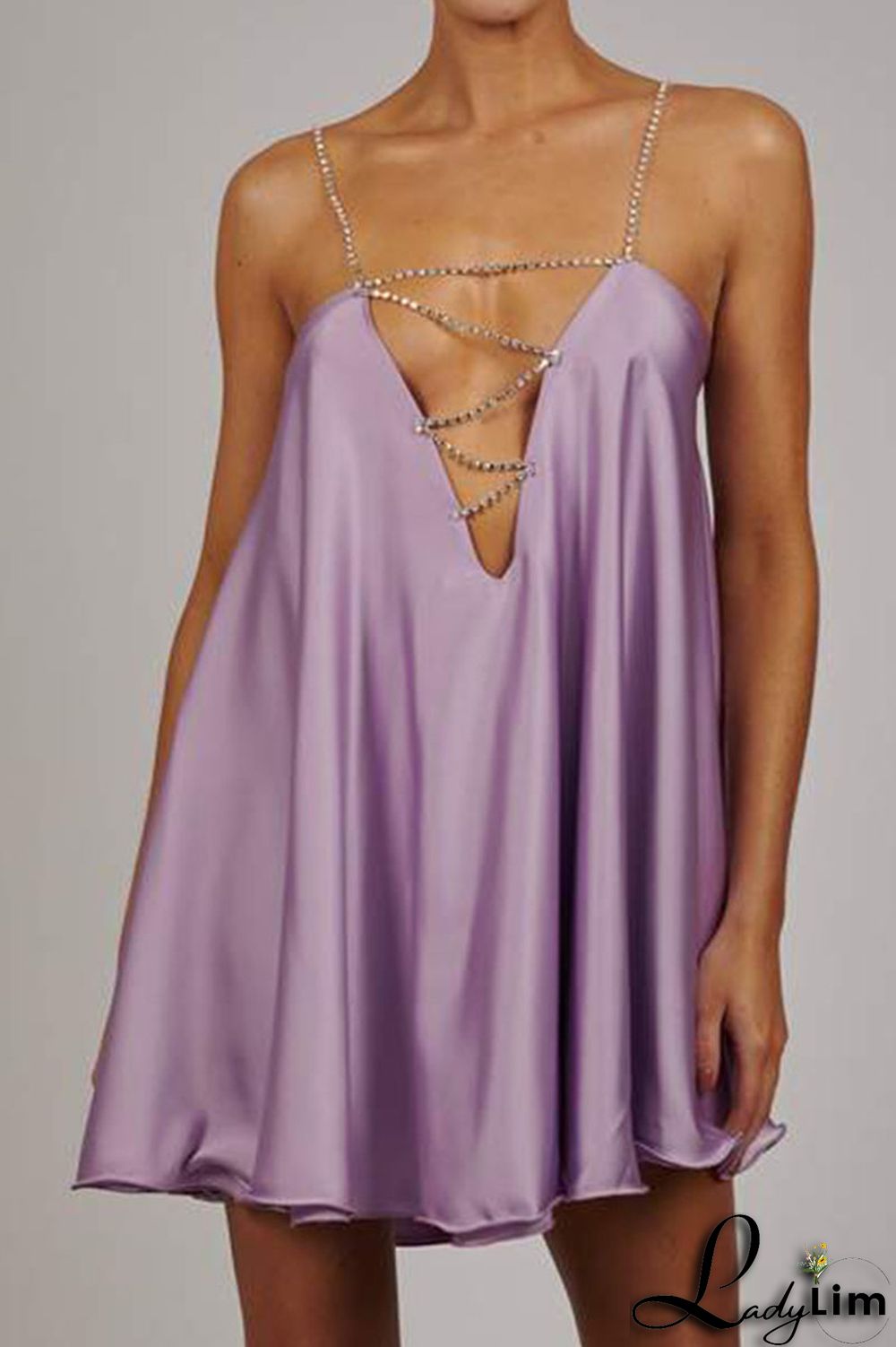 Light Blue Sexy Solid Patchwork Chains Asymmetrical Spaghetti Strap A Line Dresses