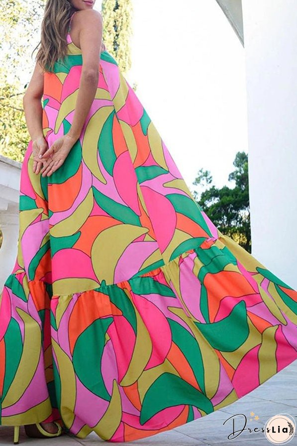 Multicolor Geometric Colorblock V Neck Tiered Maxi Dress