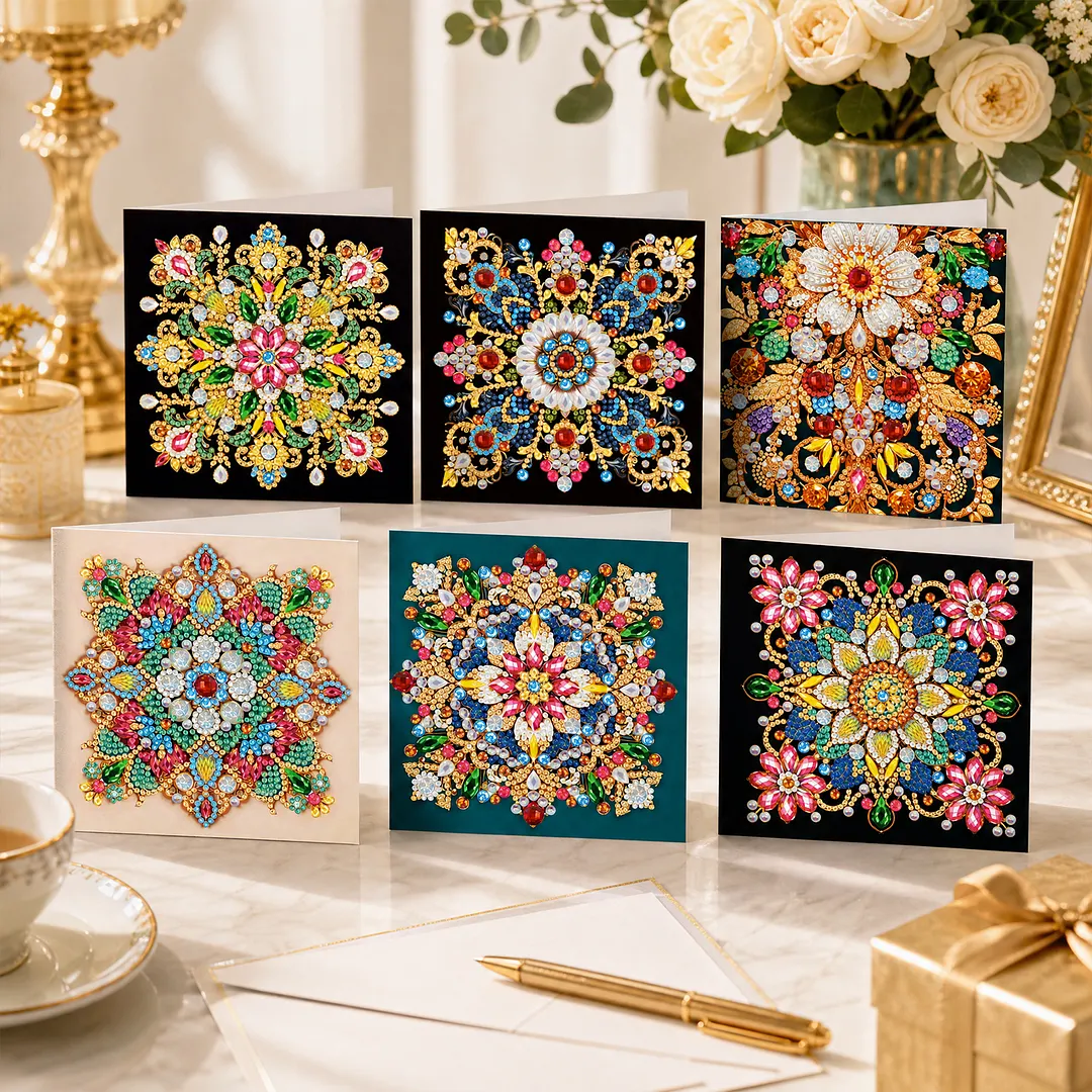 6pcs Mandala DIY Diamond Painting Greeting Card Kits with Envelopes Diamond Art Greeting Cards Diamond Art Cards Kits for Adults DIY Crafts Family Friend Gifts
