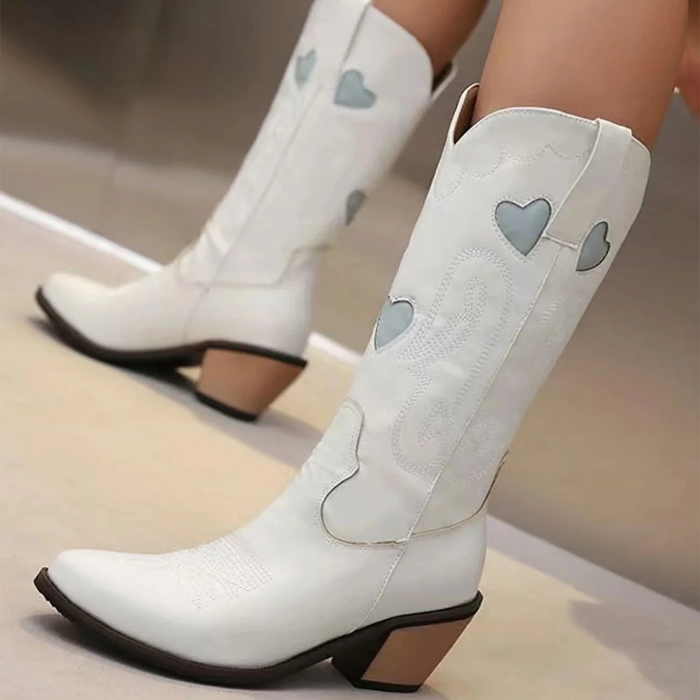 Snip Toe Chunky Heel Style Embroidered Cowboy Boots for Women in White