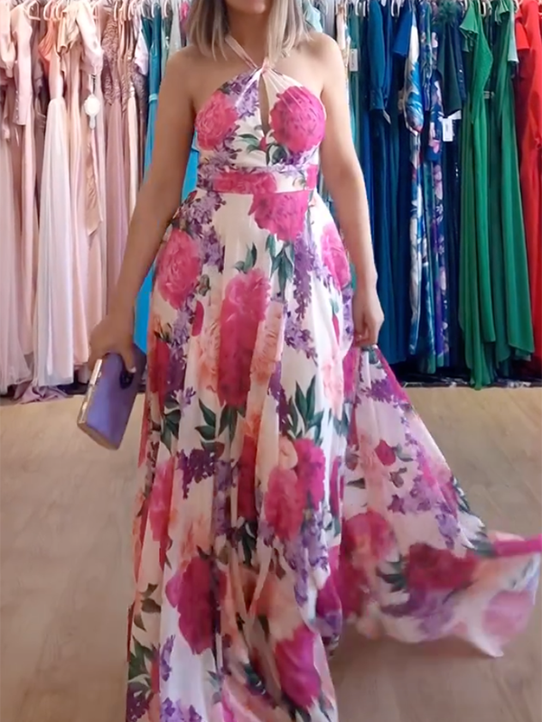 Backless Floral Printed Hollow Sleeveless Halter-Neck Maxi Dresses